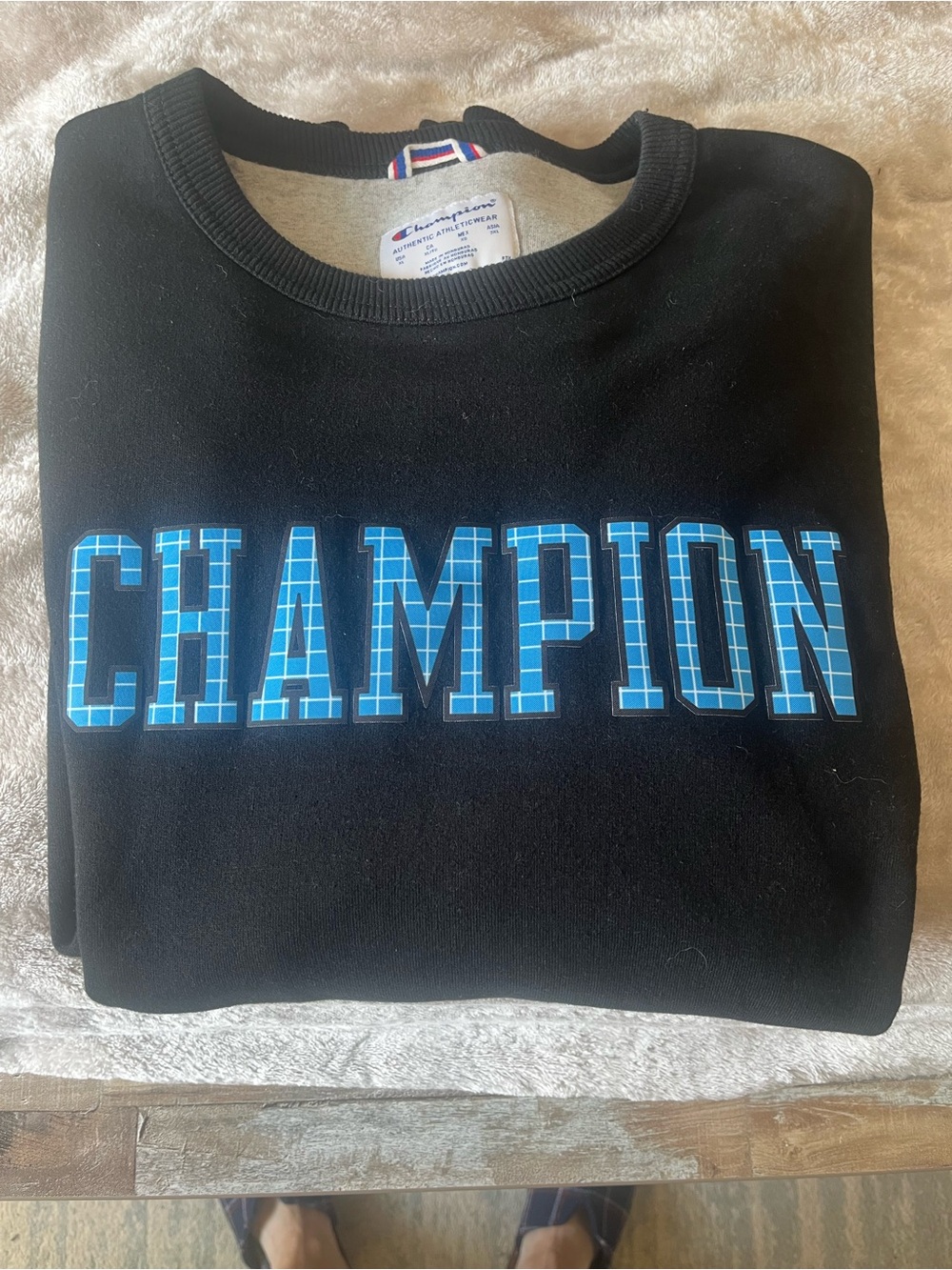 Champion Black Crewneck Sweatshirt with Blue Grid Logo XL